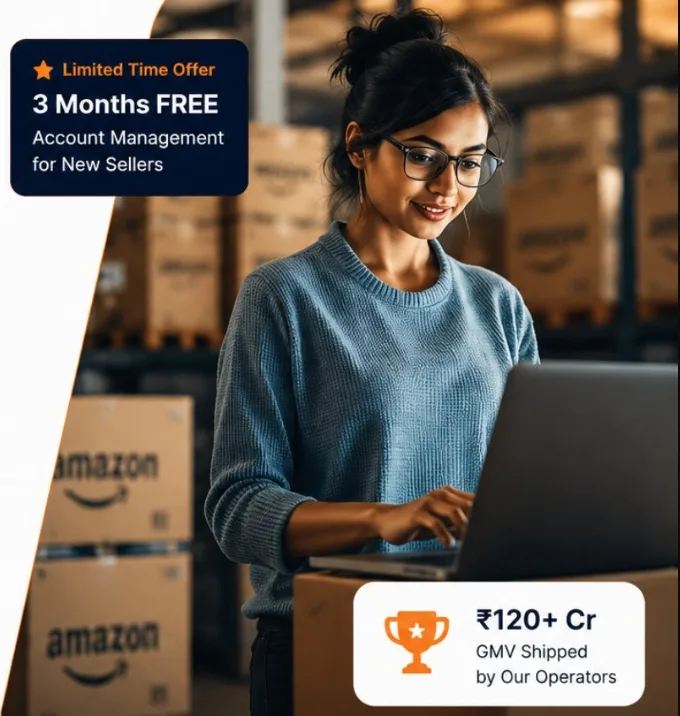 Amazon seller reviewing account performance on a laptop in a fulfillment warehouse - India Seller Solutions offers 3 months free account management for new sellers and has shipped over ₹120+ Cr in GMV